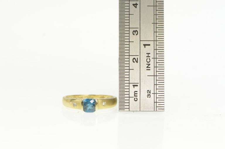 14K Yellow Gold Cushion Blue Topaz Diamond Statement Ring