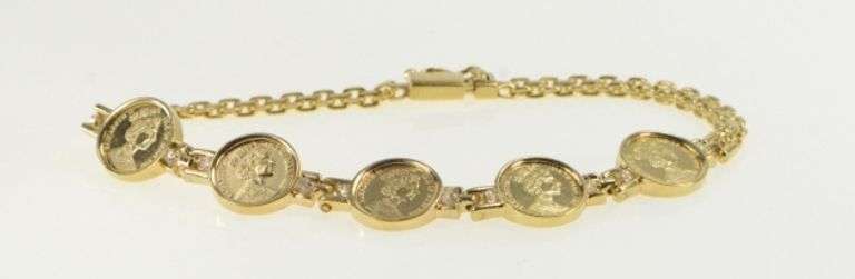 14K Yellow Gold Queen Elizabeth 1988 Tribute Coin Chain Bracelet