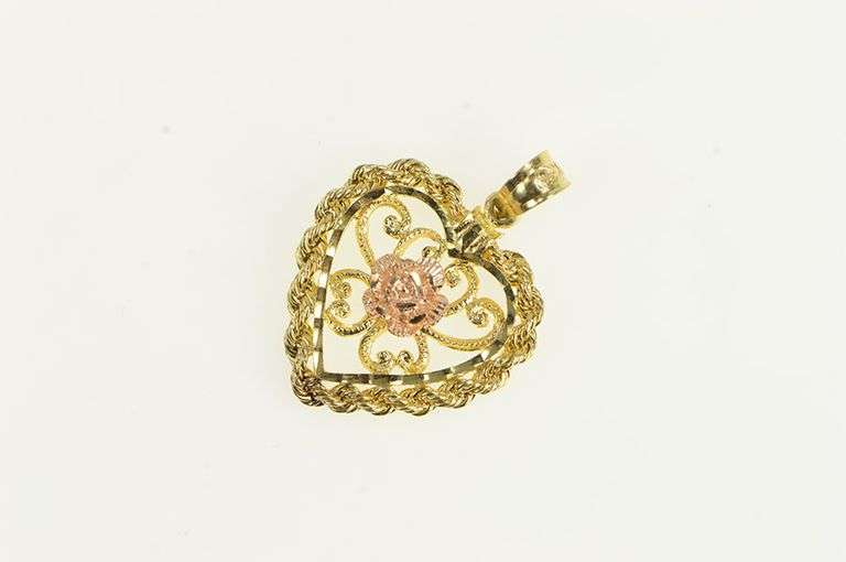 14K Yellow Gold Rose Flower Heart Romantic Love Filigree Charm/Pendant