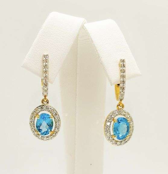STUNNING 14KT SOLID YELLOW GOLD, BLUE TOPAZ, AND DIAMOND EARRINGS