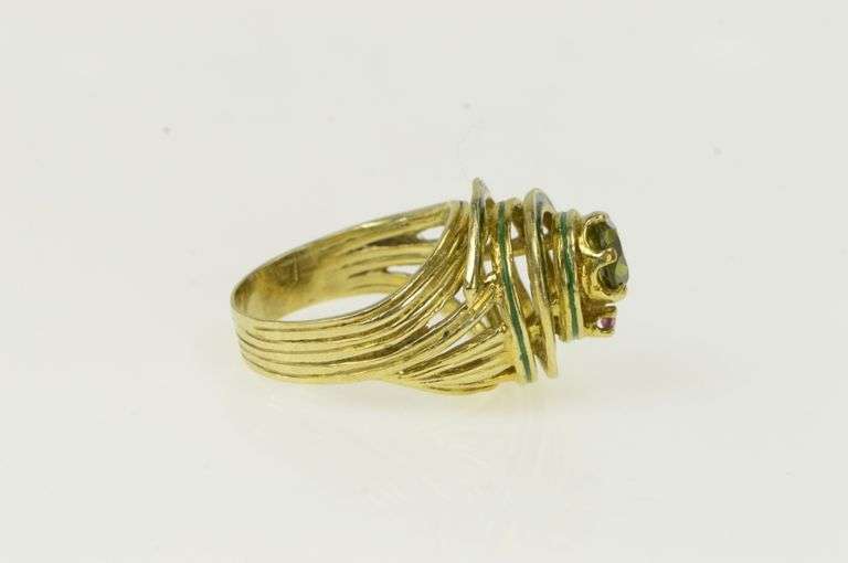 14K Yellow Gold Peridot Ruby Enamel Swirl Domed Cocktail Ring