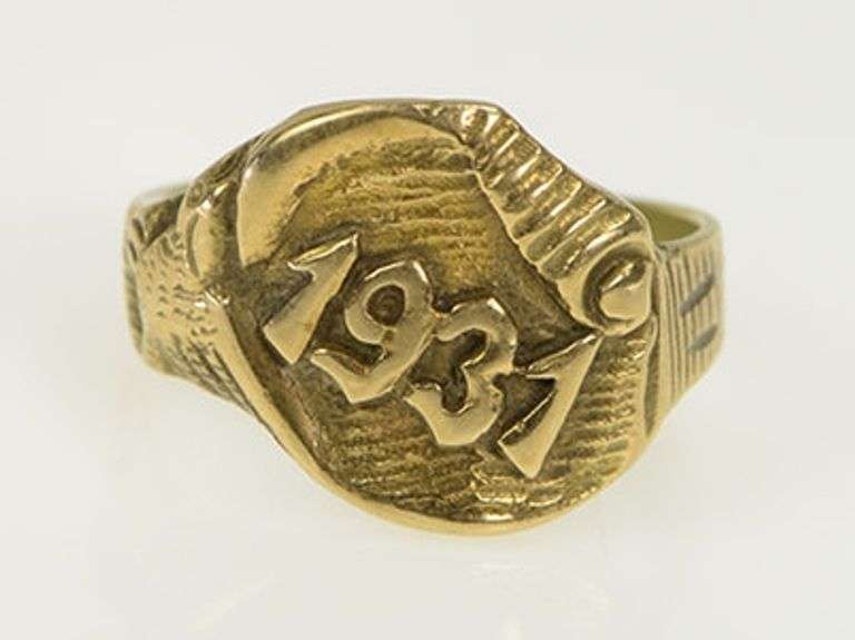 14K Yellow Gold 1931 Ornate Scroll Year Art Deco Vintage Ring