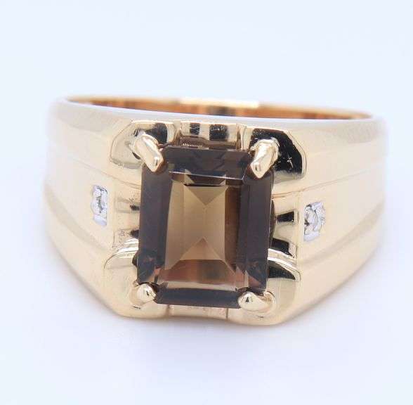 Gent's Yellow Gold Emerald Cut Smokey Quartz and Diamond Ring