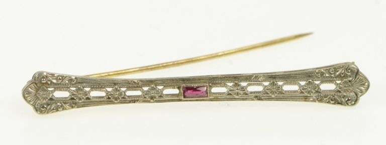 14K White Gold Art Deco Ruby Filigree Ornate Antique Bar Pin/Brooch
