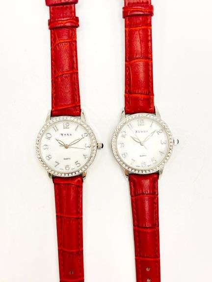 2 BRAND NEW MATCHING RED LEATHER GENEVA WATCHES