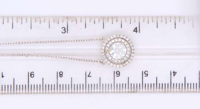 Outstanding White Gold Double Diamond Halo Pendant on adjustable Chain Necklace