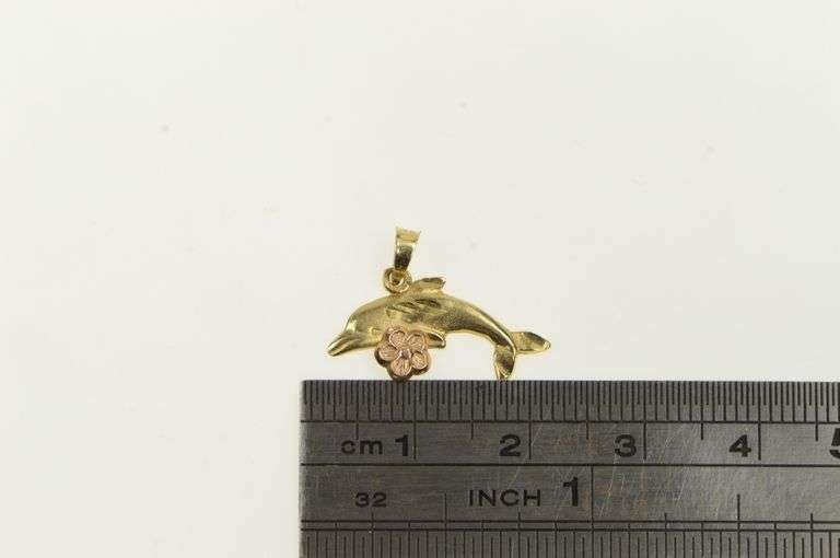 14K Yellow Gold Dolphin Flower Accent Vintage Ornate Pendant