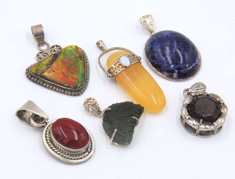 Group Lot of 6 Art Deco 925 Sterling Silver Gemstone Pendants