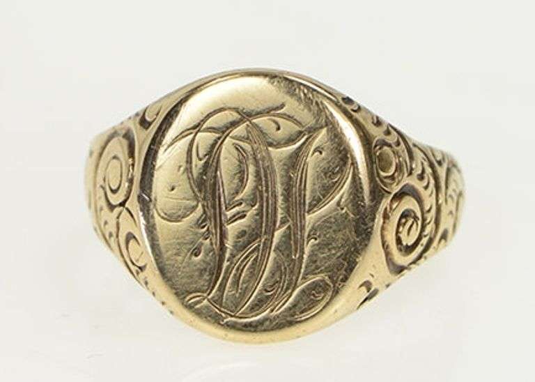 10K Yellow Gold H L Monogram Letter Initial Name Signet Ring
