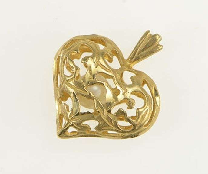 14K Yellow Gold Ornate Scroll Filigree Pearl Inset Heart Pendant