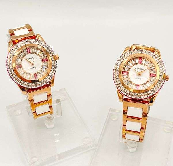 GROUP LOT OF 2x MATCHING CERAMIC & GEMSTONE WATCHES