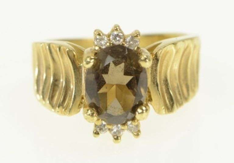 14K Yellow Gold Smoky Quartz Diamond Curved Grooved Ring