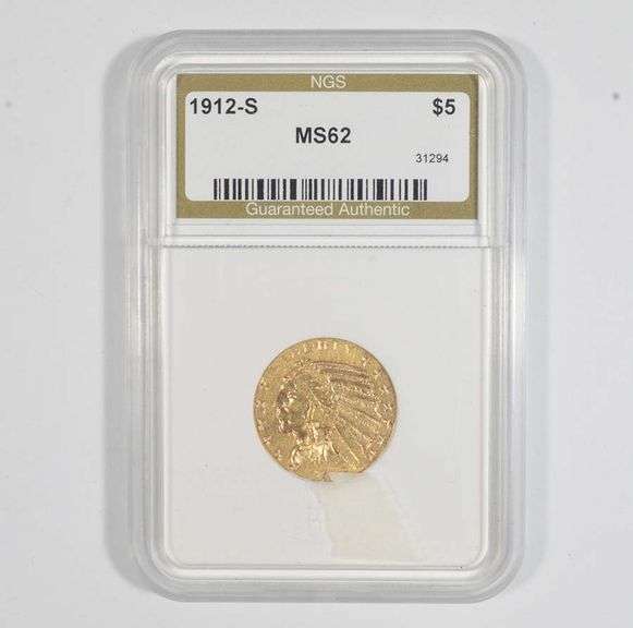 MS62 1912-S $5 Indian Head Gold Half Eagle - Graded NGS