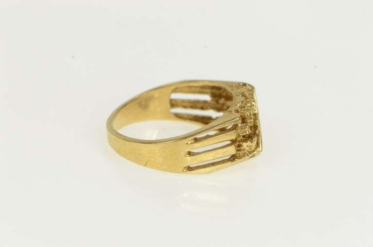 10K Yellow Gold Diamond Striped Textured Nugget Squared Ring