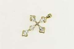 14K Yellow Gold Pear Blue Topaz Diamond Cross Christian Pendant