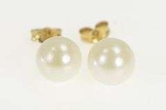 14K Yellow Gold 6.5mm Pearl Vintage Solitaire Classic Stud Earrings