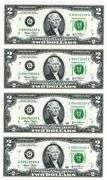 Uncut Sheet of 4 2003 $2 Federal Reserve Notes in Jefferson Folio