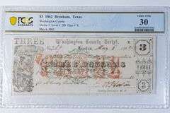 $3 1862 Brenham Texas Washington County  May 6 1862 Note PCGS VF 30
