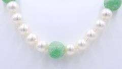 White Fresh Water Pearl and Green Jade Beaded Necklace
