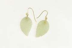 14K Yellow Gold Carved Jade Leaf Drop Dangle Hook Earrings