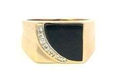 10K Yellow Gold Squared Black Onyx Diamond Retro Statement Ring