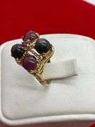 14K GOLD RING WITH GARNET, RUBY AND SAPPHIRE
