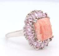 Sterling Silver Beautiful Pink Agate With Pink Sapphires Halo Ring