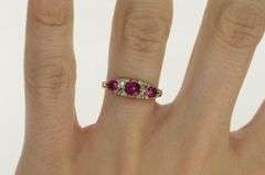 9K Yellow Gold Victorian Syn. Ruby Sim. Diamond Ornate Ring