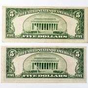 1928 E &F $5 Red Seal US Notes.