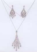 Set of White Gold Diamond Pendant on Chain with Diamond  Dangle Earrings