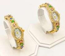 GROUP LOT OF 2x MATCHING GENEVA & GEMSTONE BANGLE BRACELET WATCHES-18KT GOLD PLATED