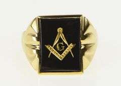 10K Yellow Gold G Compass Square Engraved Black Onyx Men's Ring