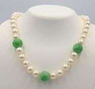White Fresh Water Pearl and Green Jade Beaded Necklace