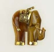 14K Yellow Gold Tiger's Eye Carved Ruby Eyed Elephant Pendant
