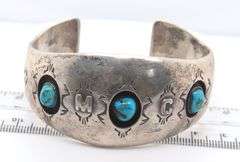 Vintage American Indian Sterling Silver Signed Turquoise Cuff Bangle