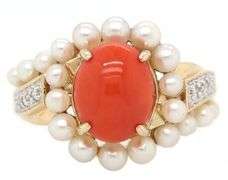 Oval Coral Seeded Pearl and Diamond Accent Frame Ring in 14K