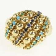 14K Yellow Gold 1960's Domed Turquoise Sapphire Striped Ring