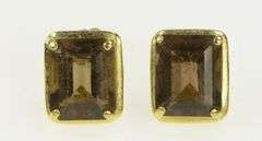 14K Yellow Gold Emerald Cut Smoky Quartz Solitaire Vintage Earrings