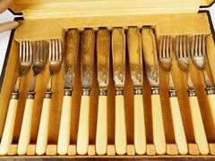 English Silverplate & Celluloid Flatware Set in Box