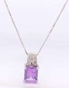 925 Sterling Silver Emerald Cut Amethyst Pendant on Italian Box Chain Necklace