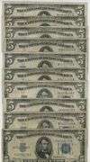 Lot of 10 Series of 1934 $5 Blue Seal Silver Certificates