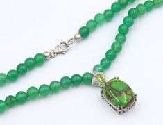925 Sterling Silver Green Mojave Turquoise Pendant on Beaded Green Jade Necklace
