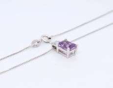 925 Sterling Silver Emerald Cut Amethyst Pendant on Italian Box Chain Necklace