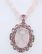 925 Sterling Silver Pink Topaz Pendant on Rose Quartz Beaded Necklace