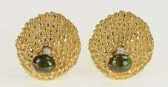 14K Yellow Gold Black Star Sapphire Diamond Round Modernist Earrings
