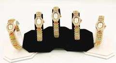 GROUP LOT OF 5x MATCHING 14KT YELLOW GOLD PLATED GENEVA WATCHES WITH GEMSTONES.