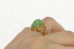 18K Yellow Gold Retro Jade Cabochon Ornate Textured Filigree Ring