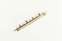 14K Yellow Gold Retro Syn Sapphire Seed Pearl Vintage Bar Pin/Brooch