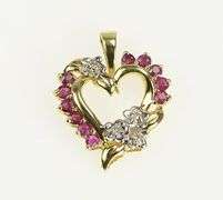 10K Yellow Gold Natural Ruby Diamond Floral Heart Classic Pendant