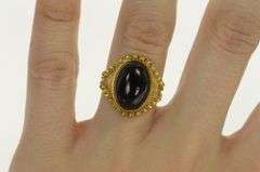 18K Yellow Gold Oval Black Onyx Cabochon Ornate Vintage Ring